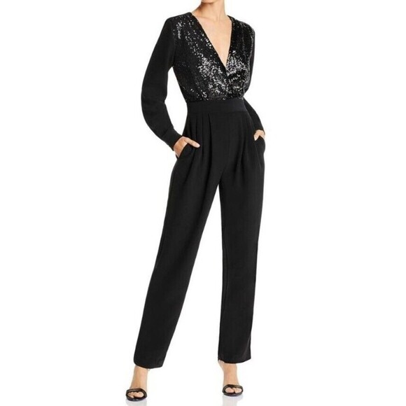 LINI Jumpsuit Black Stella Sequined Long-Sleeve V-Neck Pockets Small - Picture 1 of 6